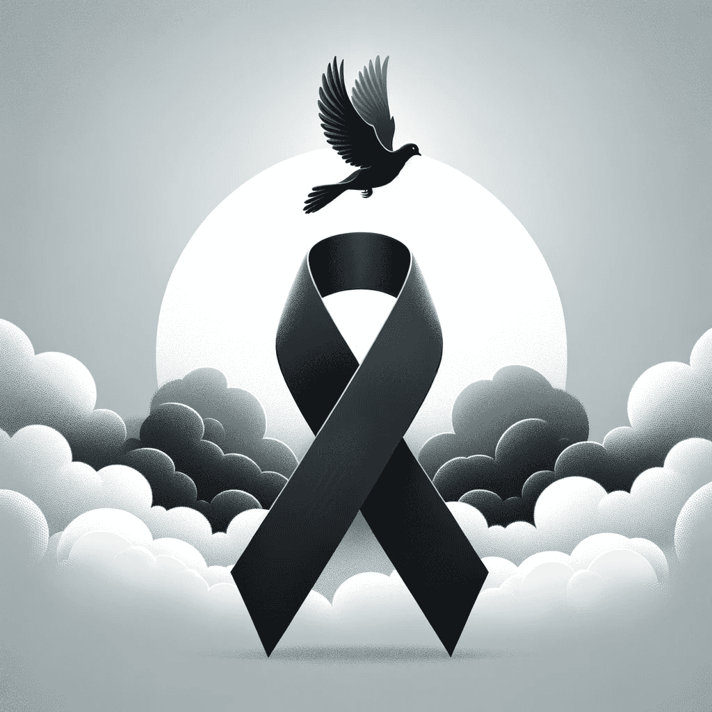 Ilustración de un listón de luto negro sobre un cielo nublado con una paloma blanca en vuelo