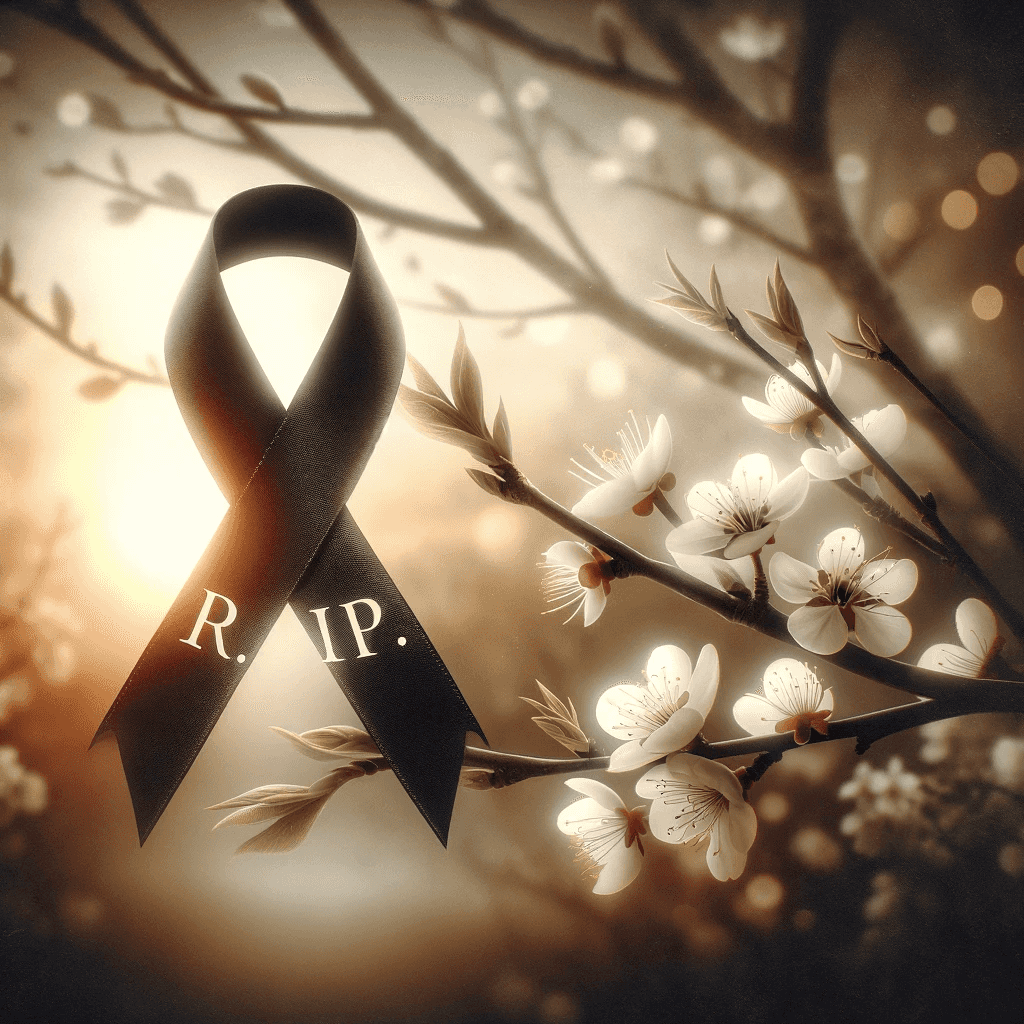 Fotografía digital de un listón de luto negro con las letras R.I.P. en blanco, sobre un fondo natural desenfocado.