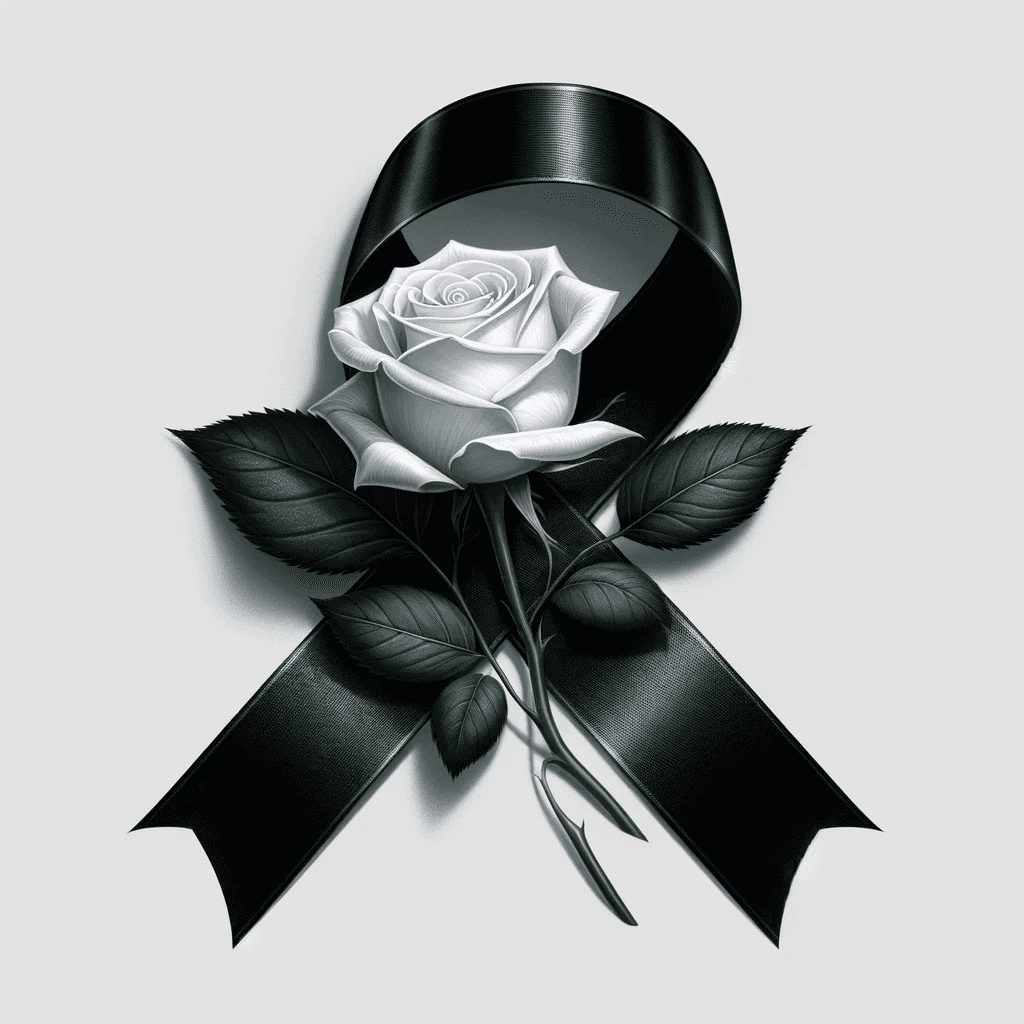 Ilustración de un conmovedor listón de luto negro con una rosa blanca realista colocada en diagonal, destacando sus detallados pétalos.