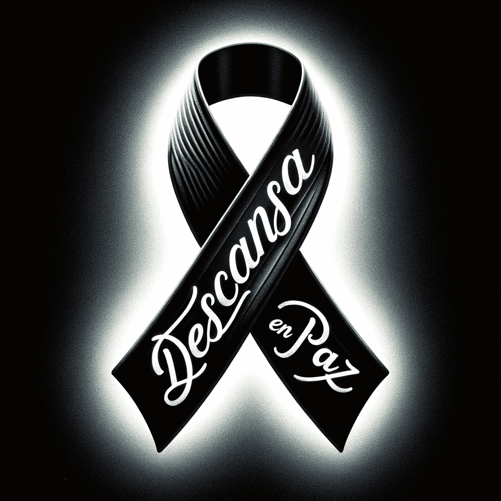 Ilustración de un listón de luto negro con el texto 'Descansa en Paz' en elegante fuente blanca,