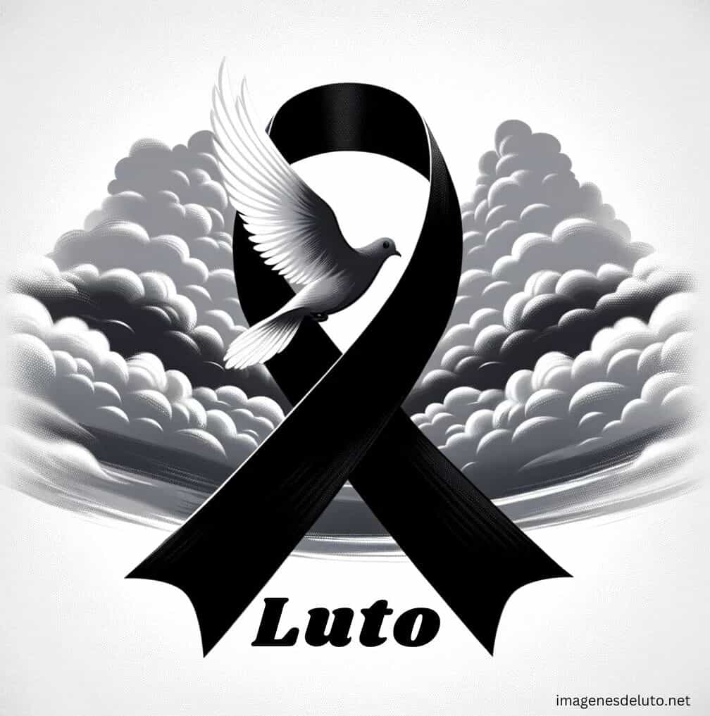 "Ilustración de una cinta de luto negra colocada en el centro, sobre un cielo nublado. Encima de la cinta, una paloma blanca está capturada en pleno vuelo.