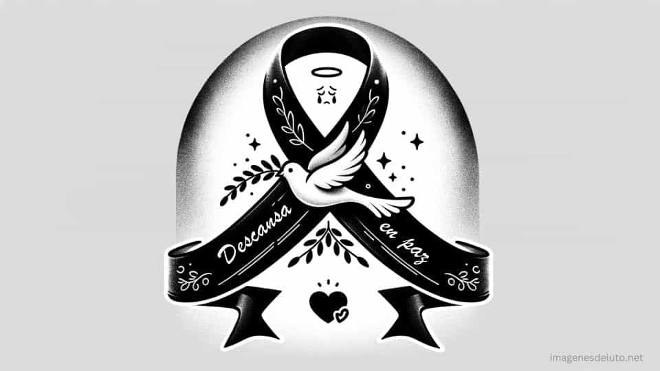 Paloma blanca ascendiendo sobre una cinta de luto negra con la inscripción 'Descansa en Paz' rodeada de estrellas y un corazón, simbolizando paz y consuelo.