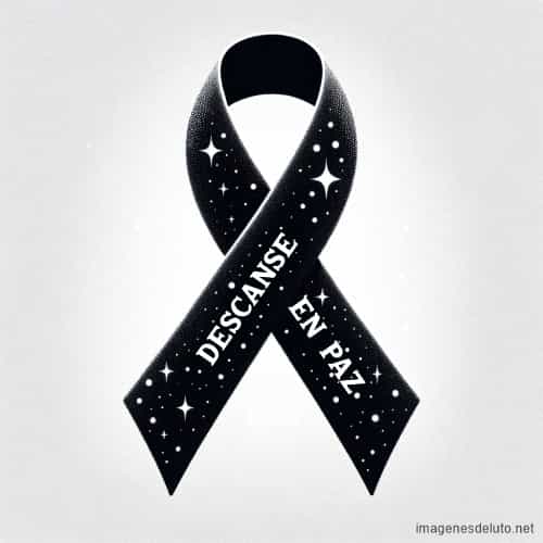Cinta de luto negra con estrellas brillantes y la frase 'Descanse en Paz', representando recuerdos luminosos y esperanza