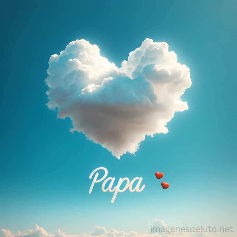 Cielo azul con nube en forma de corazón y 'Papá'.